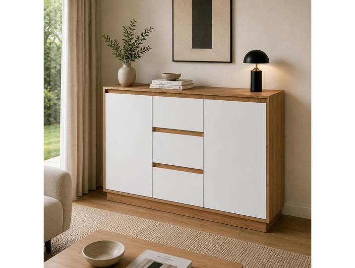 Buffet 2 Portes 3 Tiroirs Décor Bois Et Blanc Alva