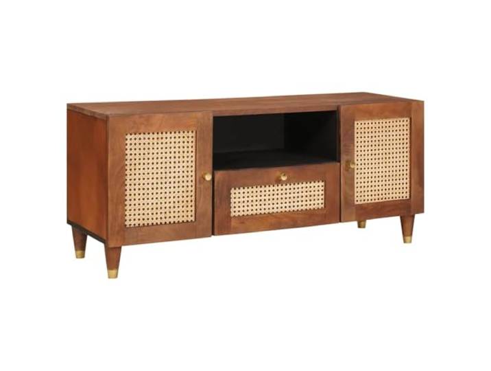 GHVBNMF TV-Schrank Massivholz Mango Lowboard Fernsehtisch 105x33,5x46 cm Praktisches Wohnzimmer Medienmöbel mit 2 Türen, Schublade und offenem Fach für geordnete Unterhaltungselektronik.