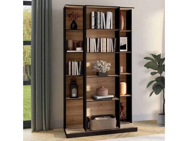 IDMARKET Bibliothèque coulissante ALPHONSE 5 niveaux 15 niches bois et noir