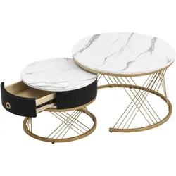Merax 2er-Set Couchtisch, Marmoroptik, Golddekor, Beistelltisch mit Schubladen, Weiß| Schwarz