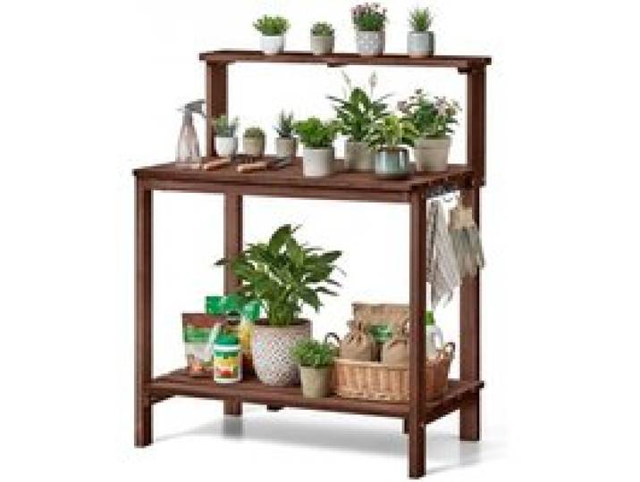VEVOR Pflanztisch, Gärtnertisch, Gartenarbeitstisch mit Großer Holzplatte, Ablageflächen & Haken, Blumentisch, Outdoor Umtopftisch für Terrasse & Garten, Braun, Regalstil, 91 x 49.5 x 108.5 cm
