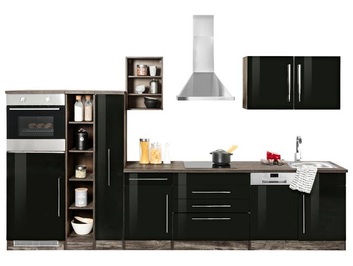 Küchenzeile, MDF & Spanplatte, Schwarz Hochglanz & Eiche Vintage, 350×200 cm, Mit Induktionskochfeld, Vintage, KS-Samos