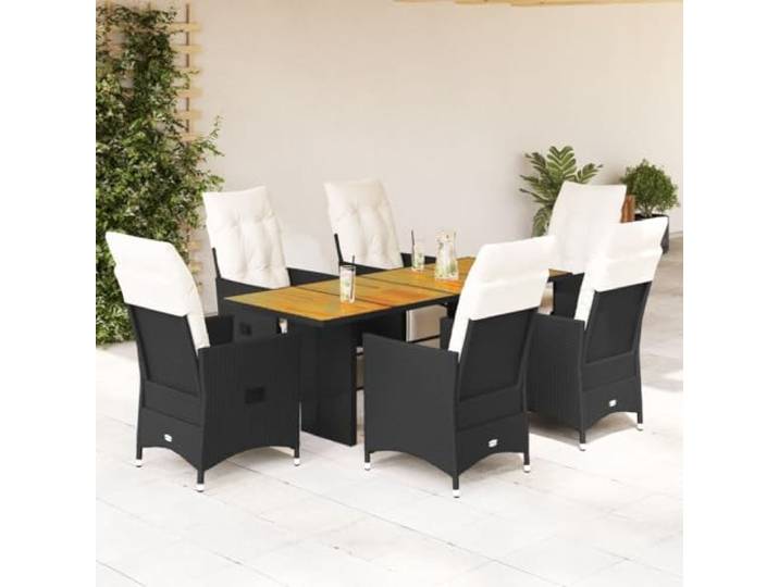 HEFZGDB 7-TLG. Garten-Essgruppe mit Kissen Schwarz Poly Rattan, Outdoor Esstischgruppe mit verstellbaren Liegesesseln und Akazienholz Tischplatte, wetterbeständige PE Rattan Möbel