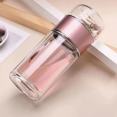 Universal Stock Double Wall Glass Tea Infuser Bottle With Borosilicate Glass Tea Filter pink