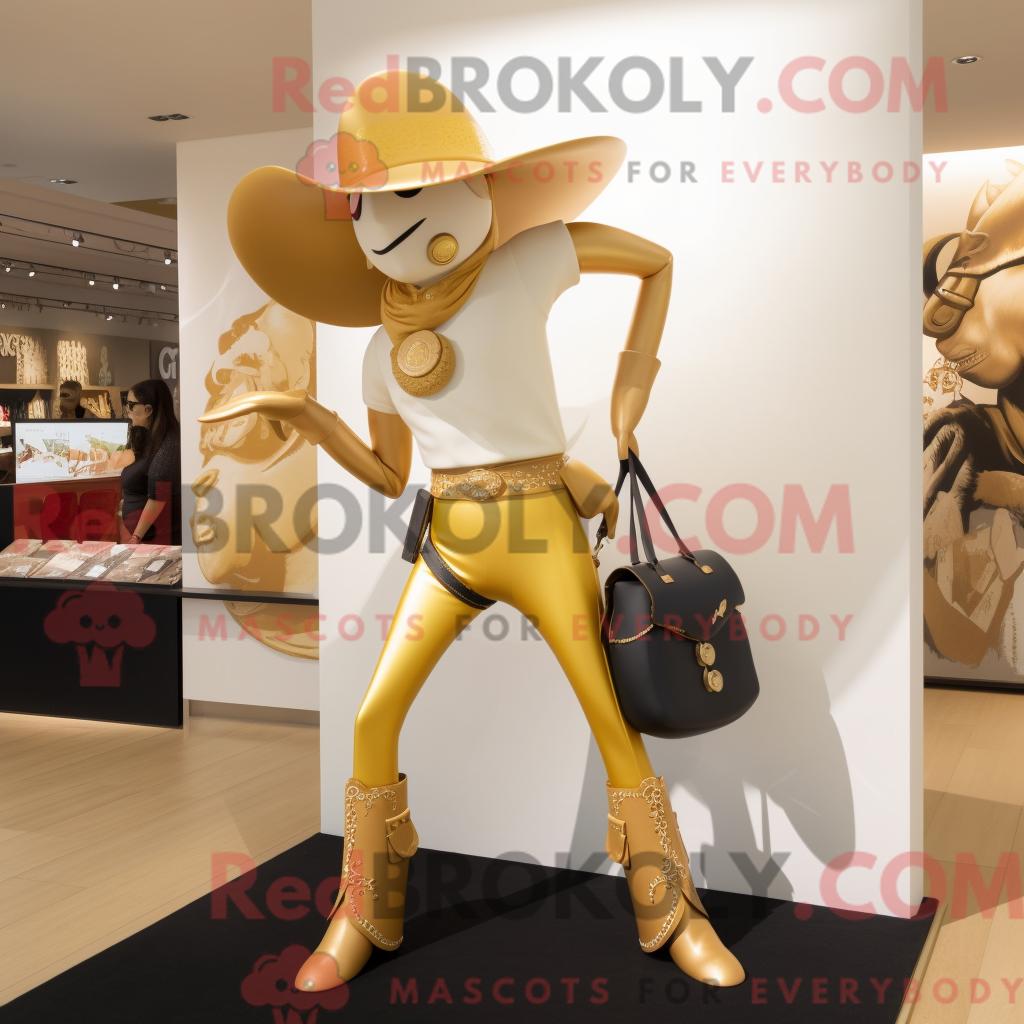 Maskottchen REDBROKOLY eines goldenen Cowboys mit Yogahose und Handtasche