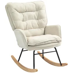 OKWISH Schaukelstuhl Schwingsessel Beige 98x71x97 cm mit Chenilleoptik, Holzkufen mit Filzgleitern, ergonomische Rückenlehne, bis 120 kg