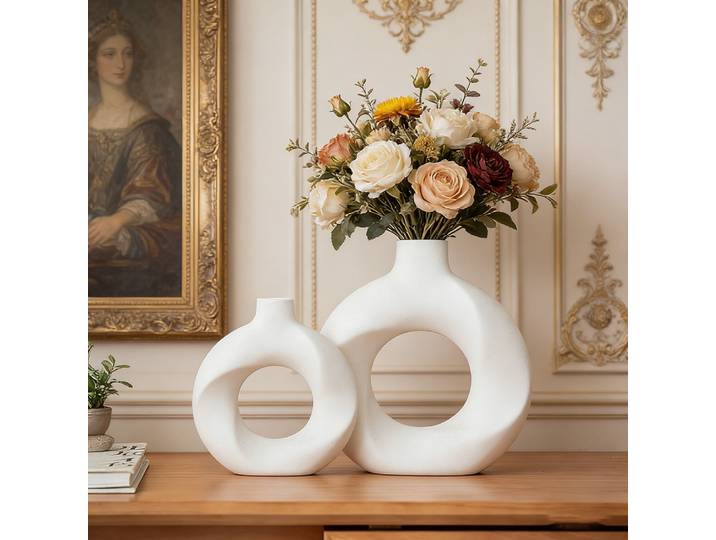 Lot de 2 Nouveaux Vases Géométriques en Céramique, Vases Ronds Décoratifs pour Bureau, Articles Artisanaux en Poterie Blanche pour Salon
