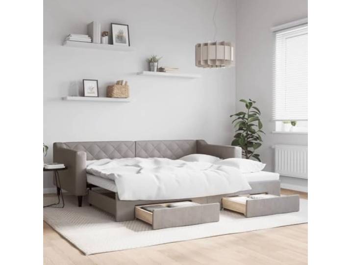 RJPLMFV Tagesbett mit Ausziehbett und Schubladen, Taupe, 90 x 200 cm Ohne Matratze, 2-in-1 Sofa, Aufbewahrung mit 2 Schubladen, Holz und Metall