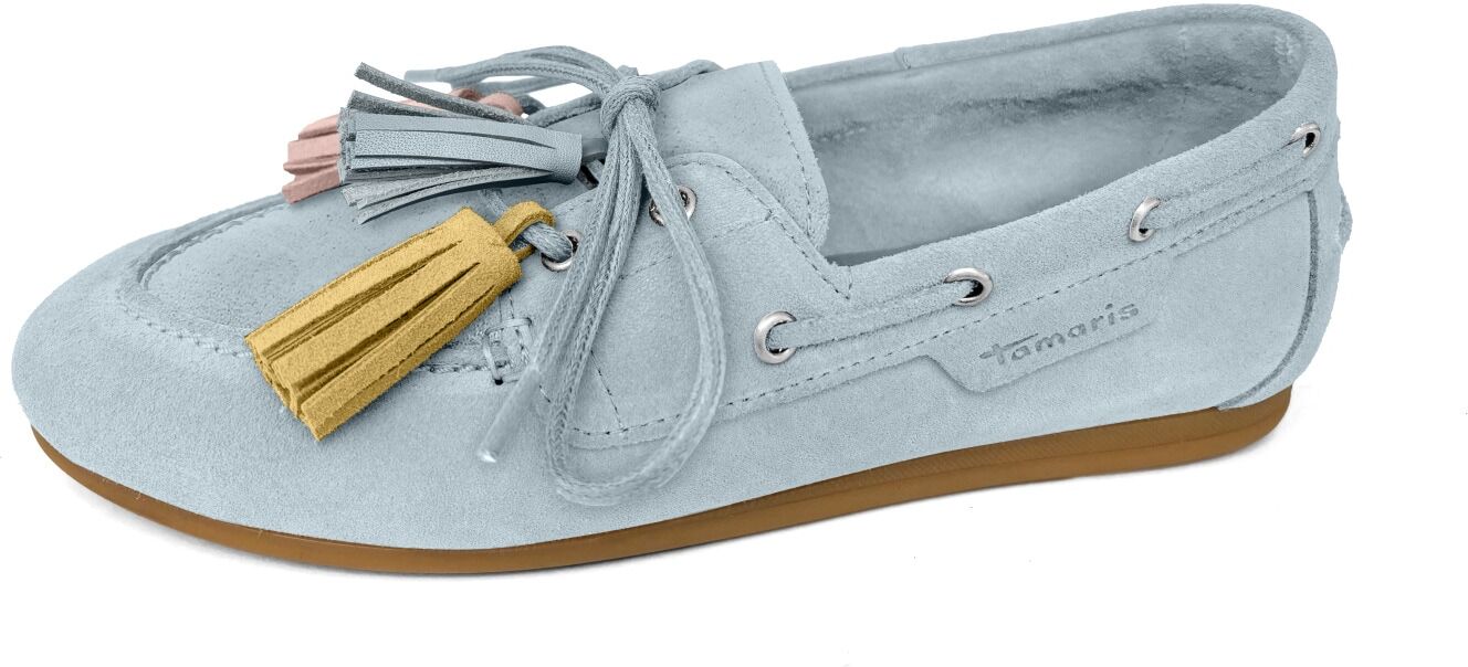 Bootsschuh TAMARIS, Damen, Gr. 36, Leder, hellblau, Veloursleder, Schuhe Bootsschuh, Slipper, Schlupfschuh, mit farbigen Quasten hellblau 36, Leder