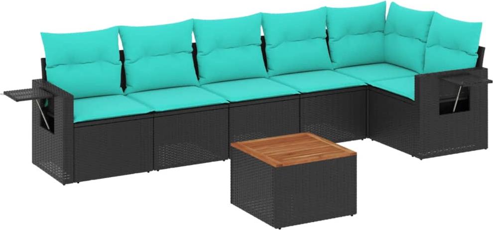 7-teiliges Gartensofa-Set mit Kissen, schwarzes Polyrattan
