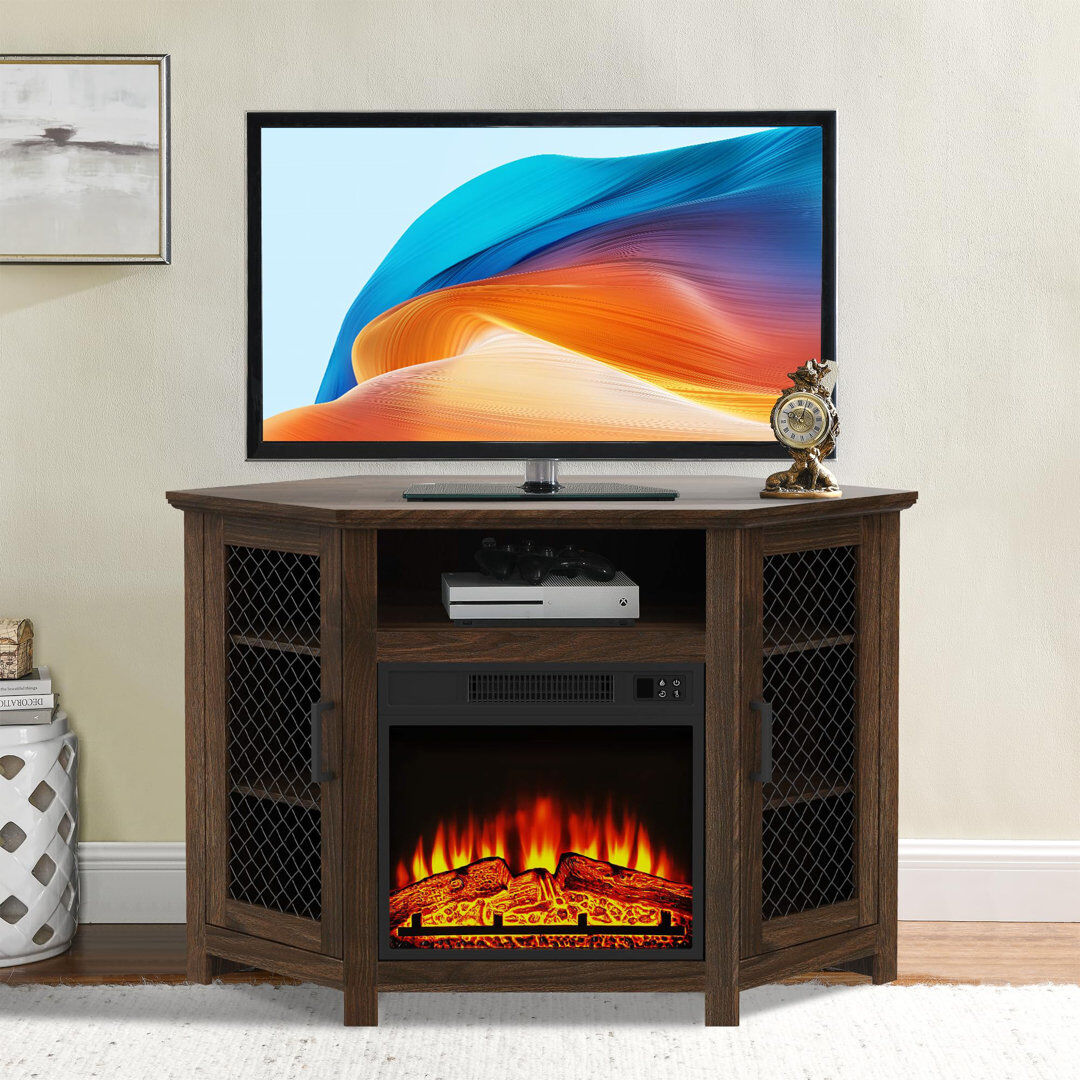 Brambly Cottage Corner TV Unit Stand fits TVs up to 55" With 18" Electric Fireplace Included Brown 55"