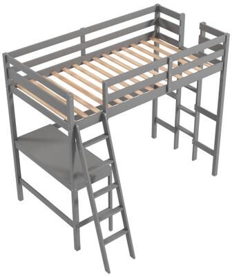 Costway Twin Size Loft Bed Frame with Desk Angled and Built-in Ladder-Gray