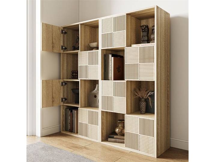 Bibliothèque 125x30x60cm - Meuble rangement modulable à 8 cases 4 portes à persiennes pose horizontale/verticale - Chêne