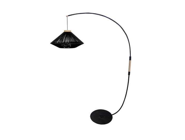 Lampadaire métal noir bois naturel abat-jour fibre noir