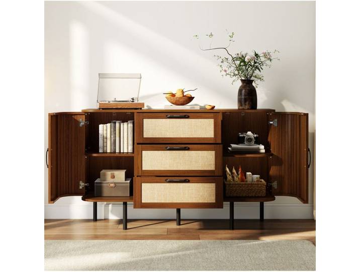 Buffet bas AESVAR 2 portes 3 tiroirs en MDF effet noyer étagères réglables pieds métal noirs angles arrondis