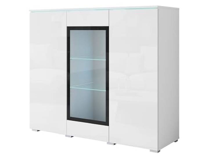 MINIO go for it - Kommode Veve Sideboard mit Glasstür, LED Wohnzimmer, Vitrine 120 cm Breit, Gablote Weiss matt / Weiss Hochglanz, mit LED-Beleuchtung