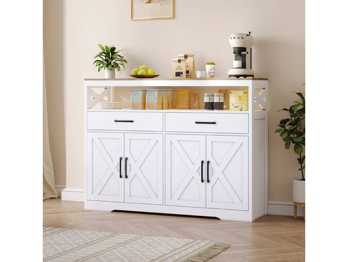 Buffet meuble de rangement - Buffet en Bois Blanc - 2 tiroirs et 2 placards - étagères à hauteurs réglables - Blanc