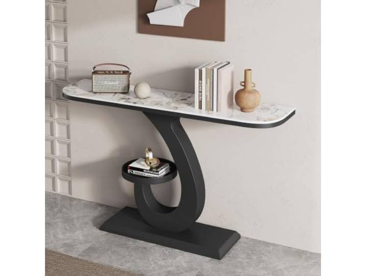 Moderner Konsolentisch mit Sinterstein-Platte & Metallgestell, Flurtisch Sinterstein-Platte, Kratzfest, Stabiler Metallrahmen, Modernes Design, Schmales Profil(Black-E,31.5in)