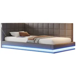 Polsterbett 90x200 mit LED-Beleuchtung und USB-Anschluss – Multifunktionales Schlafsofa für stilvolle Wohnräume, Leinenstoff in Grau