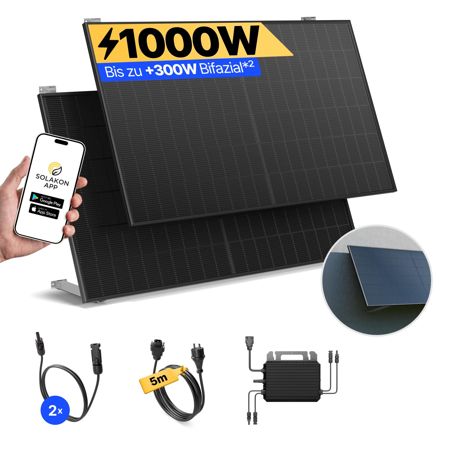 Balkonkraftwerk 1000W Solaranlage mit Wand/Gartenhaus Halterung Steckerfertig Komplettset Photovoltaik Anlage 800W, Kabellänge: 5m, Solakon