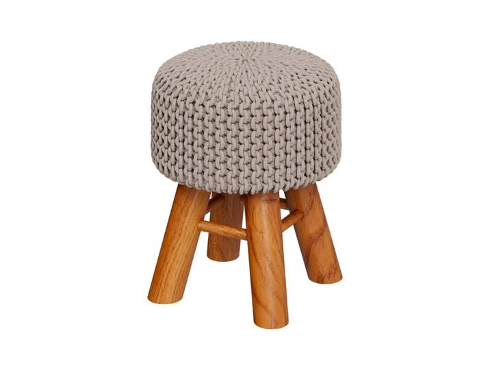 Petit tabouret rond en tricot coton gris clair et pieds en bois