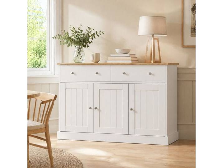 Buffet Bas 3 Portes et 2 Tiroirs avec Texture Gravée - BEAUNIV - Blanc et Bois Panneaux de Particules 120×36×80 5 cm