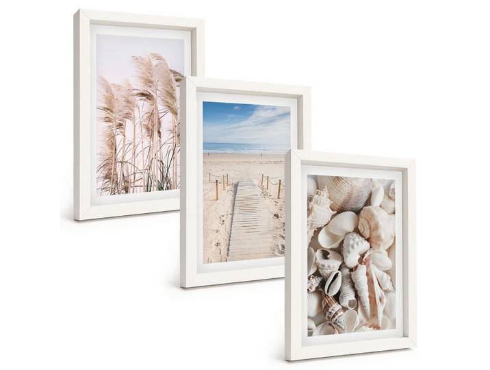 Tulup Bilder SET 3er Set - 20x30 cm Weißer Rahmen - Strandmuscheln Seegras, Kunststoff, Rechteckig, 20x30 cm, Fotografie, Bilder & Rahmen, Bilder