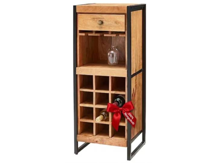 MR. DEKO® Exklusive Wein Kommode aus Mango Holz Weinschrank mit Stauraum & Hängeeinsatz Industrial Look Bar Regal (Wein) Flaschen-Regal für 12 Flaschen Vintage Design 51x40x120cm