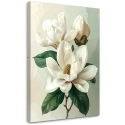 WANDBILD, Weiße Magnolie mit grünen Blättern in einer subtilen Komposition