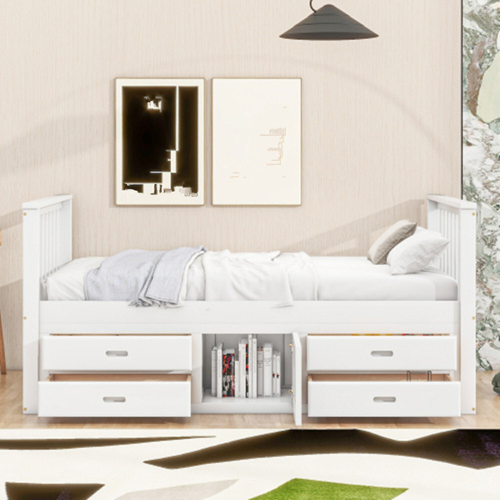Kinderbett 90x200 cm Podestbett, Podestbett mit 4 Schubladen, mit Stauschrank, Weiß