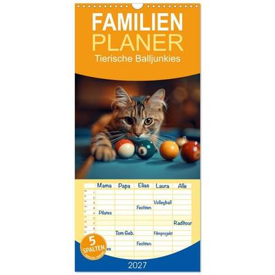 Familienplaner 2027 - Tierische Balljunkies mit 5 Spalten (Wandkalender, 21 x 45 cm) CALVENDO