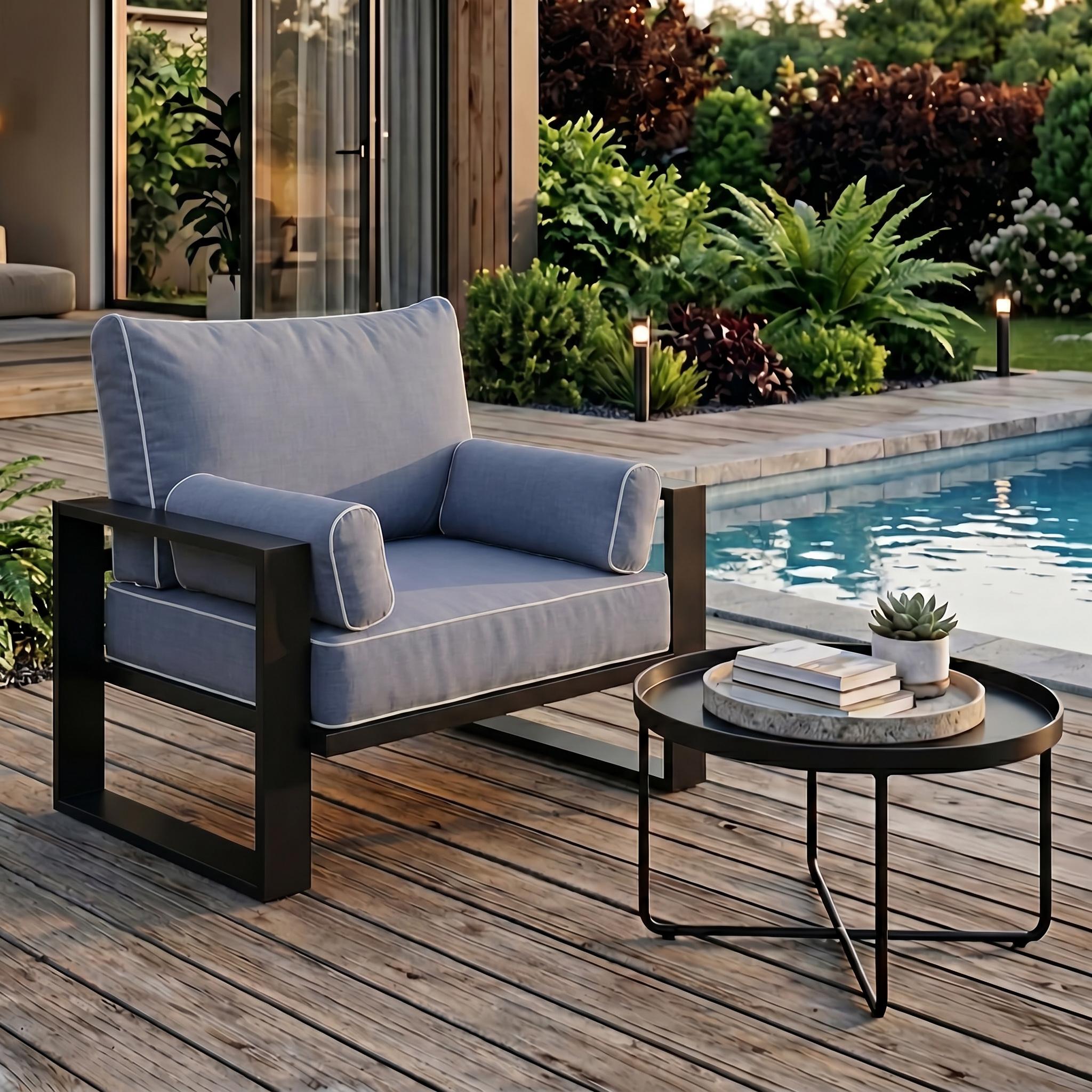 BEAUTYSOFA | VERDINO Gartensessel Blaugrau - Gartenstuhl Lounge mit Metallrahmen, Outdoor Sessel wetterfest, Polyrattan SIMAX 42
