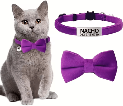 Inspire Curations PurrCharm Personalized Cat Bow Tie Collar With Engraved Name Tag purple neck 19 32cm