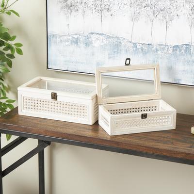 ARCILLA ELEMENTAL "Cream Metal Handmade Woven Storage Decorative Box with Bronze Latches and Tempered Glass Tops (Set of 2) - 9""W x 14""L x 5""H"