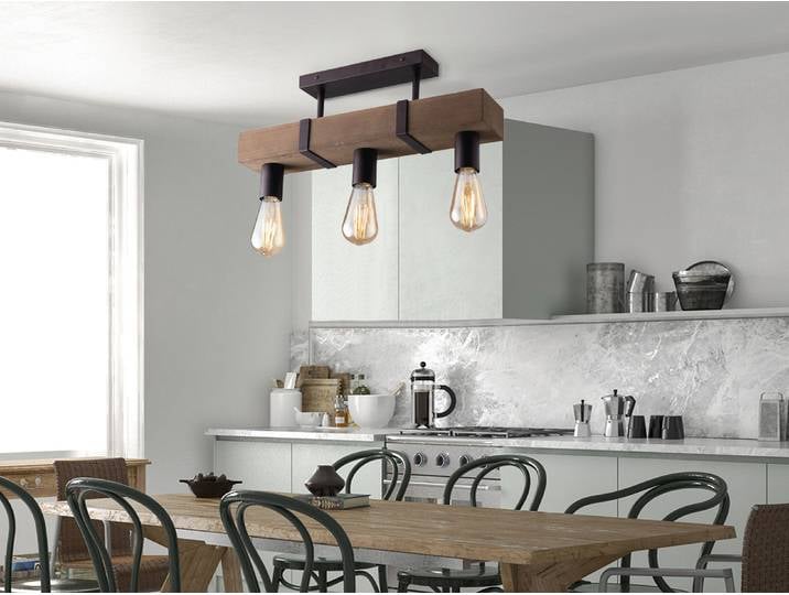 Plafonnier design industriel vintage insolite à trois lampes avec poutres en bois