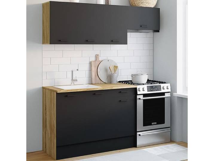 IDMARKET Cuisine complète 180 cm SUBTIL avec plan de travail 5 éléments bois et noir