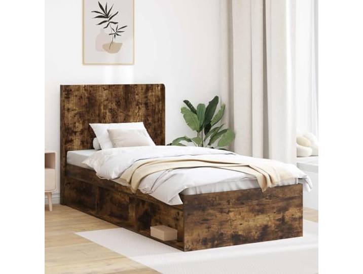 RJPLMFV Bettgestell mit Stauraum, Kopfteil, raucheiche Robustes Holzwerkstoff, integrierter Lattenboden, geräumige Aufbewahrung, minimalistischer Stil, einfache Reinigung