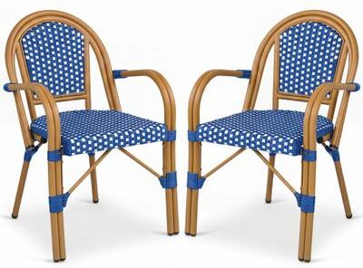 Costway Hand-Woven PE Wicker Outdoor French Bistro Chairs Set of 2-Blue