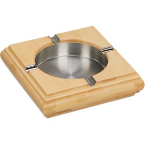 Relaxdays Aschenbecher beige, für Indoor & Outdoor, Tischascher aus Bambus / Edelstahl,10 x 3 cm, 0,3 Liter