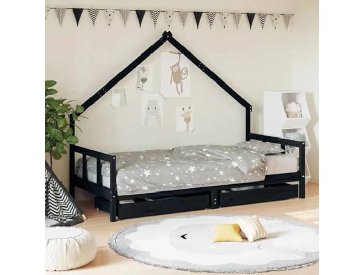 KGTKGTYER Kinderbett 90x200 cm Hausbett Massivholz Kiefer mit Schubladen Stabiles Lattenrost, Niedrige Einstiegshöhe, Rustikale Optik
