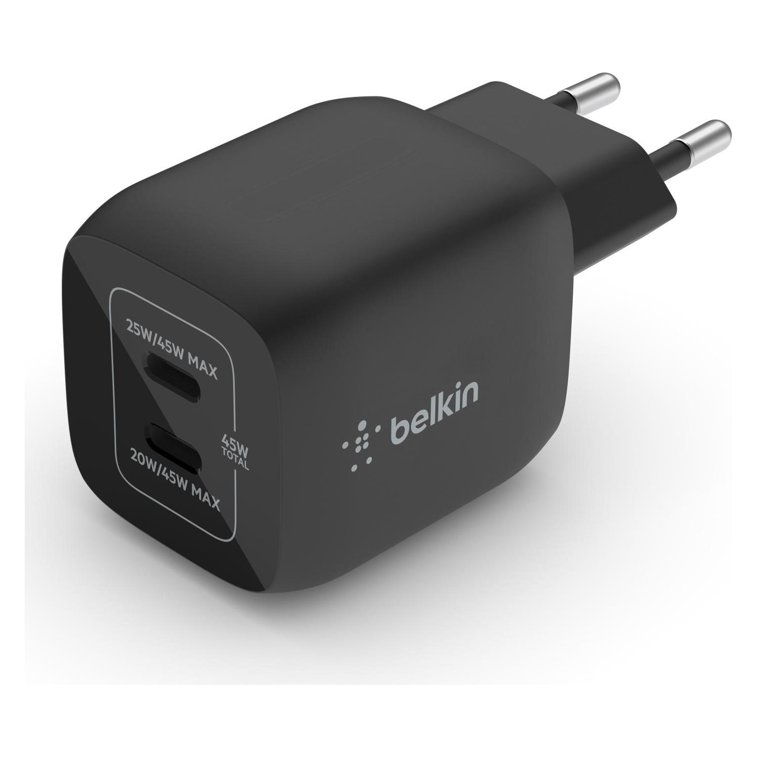 Belkin Dual USB-C GaN Ladegerät mit Power Deliver und PPS Technologie (45 W, 2 Ports) (WCH011VFBK)