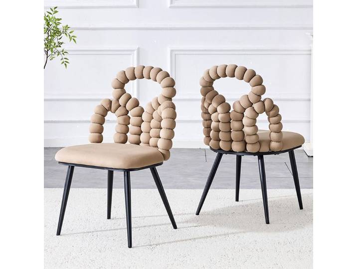 Lot de 2 Chaises de salle à manger en velours camel clair avec dossier à chaînes pieds Noirs