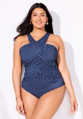 Plus Size Women's High Neck Wrap One Piece Swimsuit by Swimsuits For All in Navy Pin Dot (Size 24)
