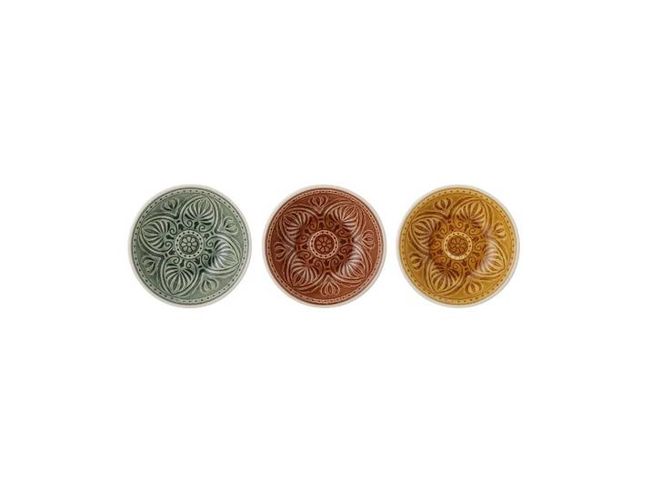 Lot de 3 assiettes en grès multicolore, rondes, à motifs, 150 ml