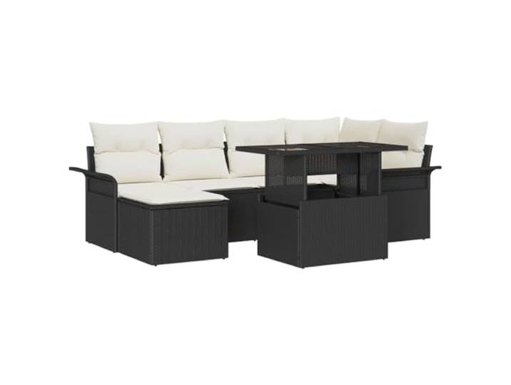 KTHLBRH Gartenmöbel-Set, 7-teilig, schwarz, Poly-Rattan Sessel mit Kissen, Couchtisch aus gehärtetem Glas, Stahlrahmen, verstellbare Tischplatte, Terrassengebrauch