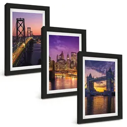 BILDER SET 3er Set - 20x30 cm Schwarzer Rahmen - Brücken, Sonne, Stadtblick