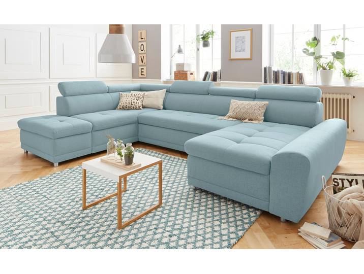 Wohnlandschaft, Blau, 337x95 cm, Struktur, Mit Bettfunktion, Modern, sit&more
