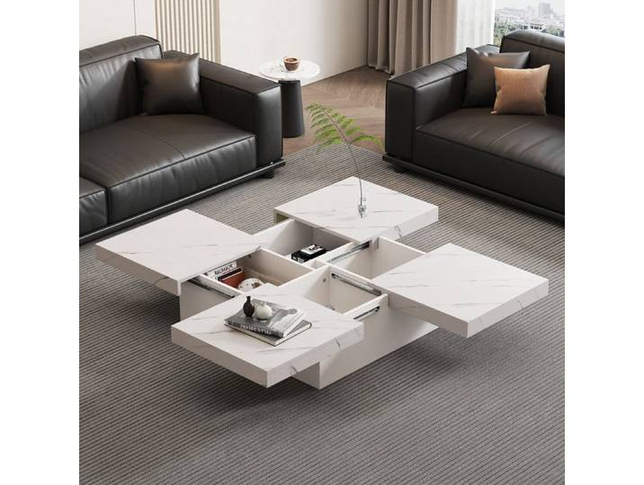 Table Basse Carrée Moderne avec Aaspect Marbre Table de Salon avec 4 Tiroirs Plateau Coulissant 90x90x25cm Blanc