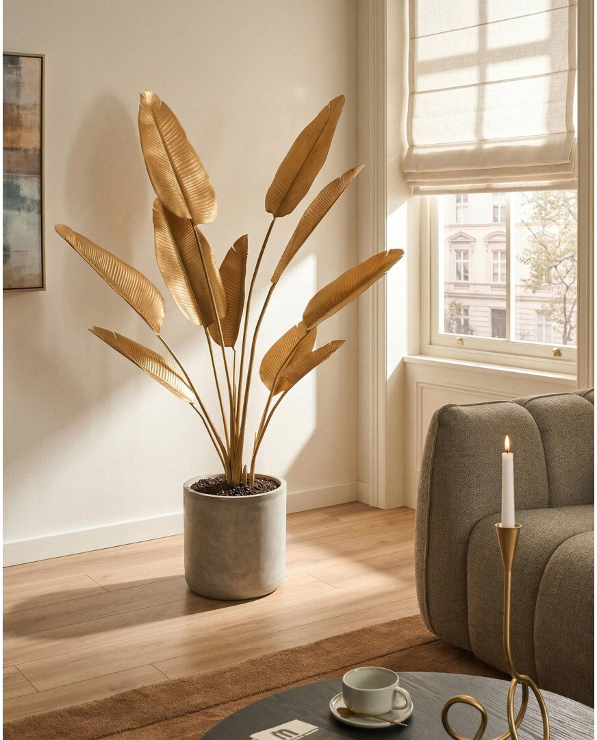 Canora Grey 162 cm H Faux Banana Leaf Tree Plant in Cement Pot Gold 162cm H X 77cm W X 77cm D