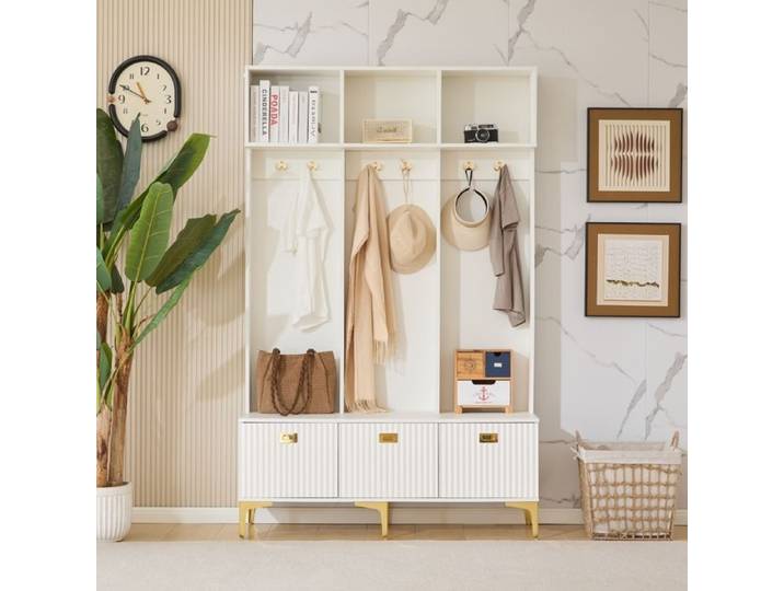 Meuble d'Entrée Porte-Manteau avec Banc Banc de Rangement Multifonctionnel Rangement Ouvert 6 Crochets et Pieds Dorés Blanc